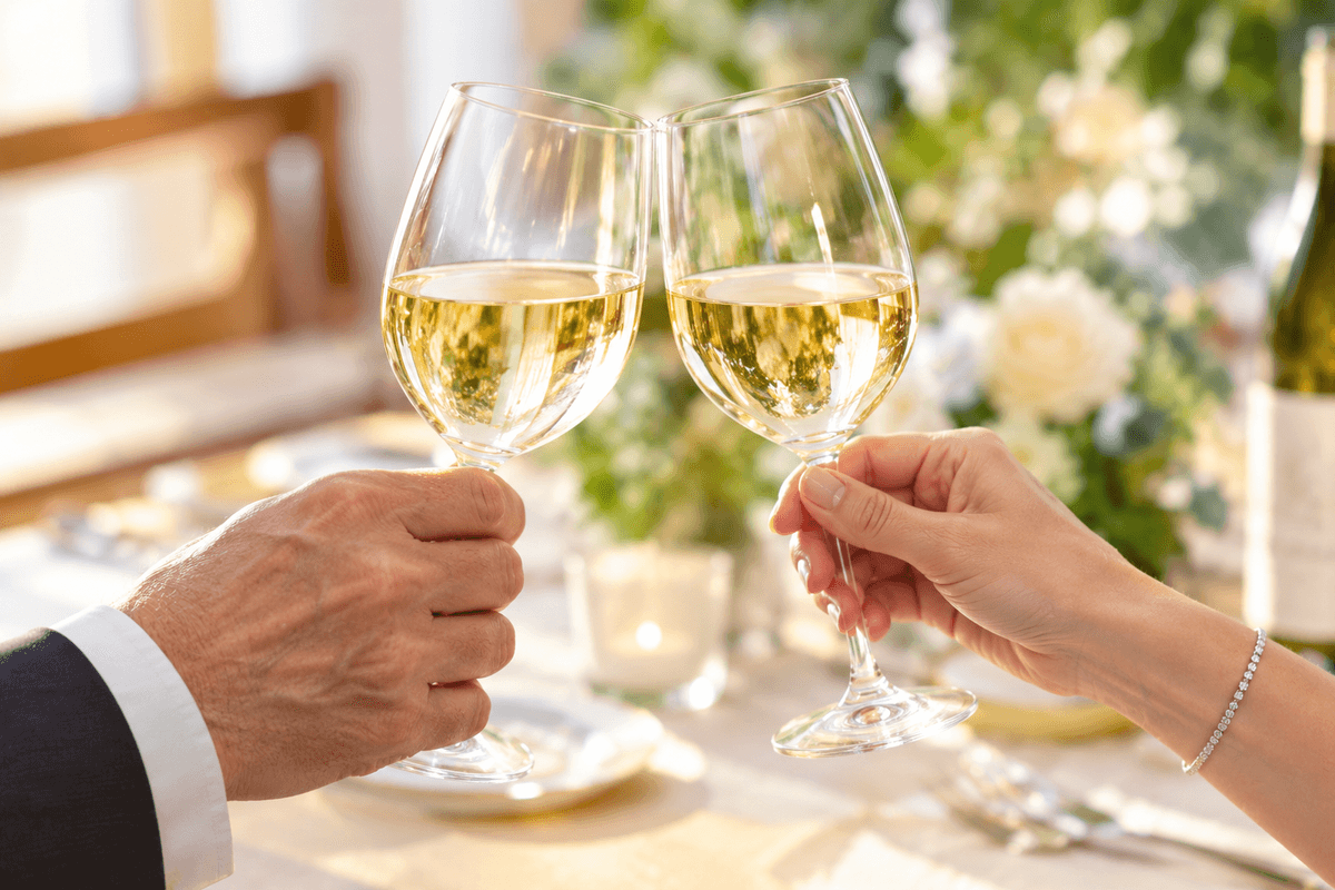 結婚記念日のディナーで乾杯する夫婦