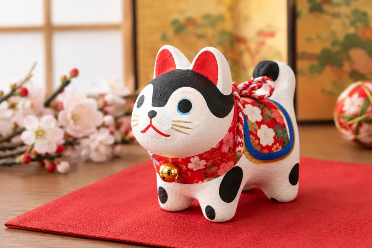 赤い布をまとった犬張子の置物