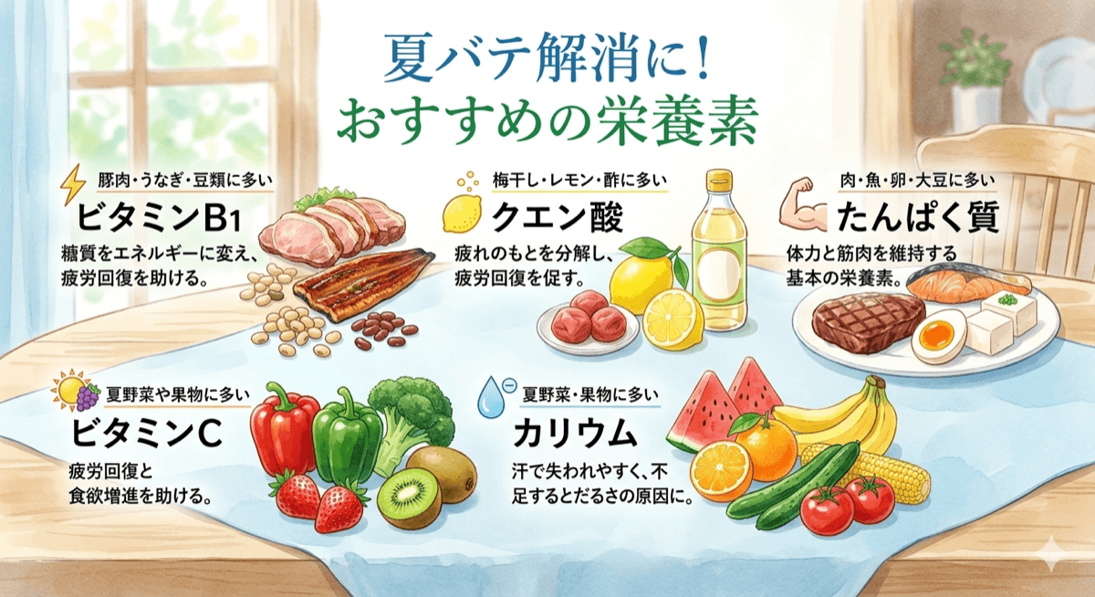 夏バテ対策に効く栄養素のまとめ(ビタミンB1・クエン酸・たんぱく質・ビタミンC・カリウム)