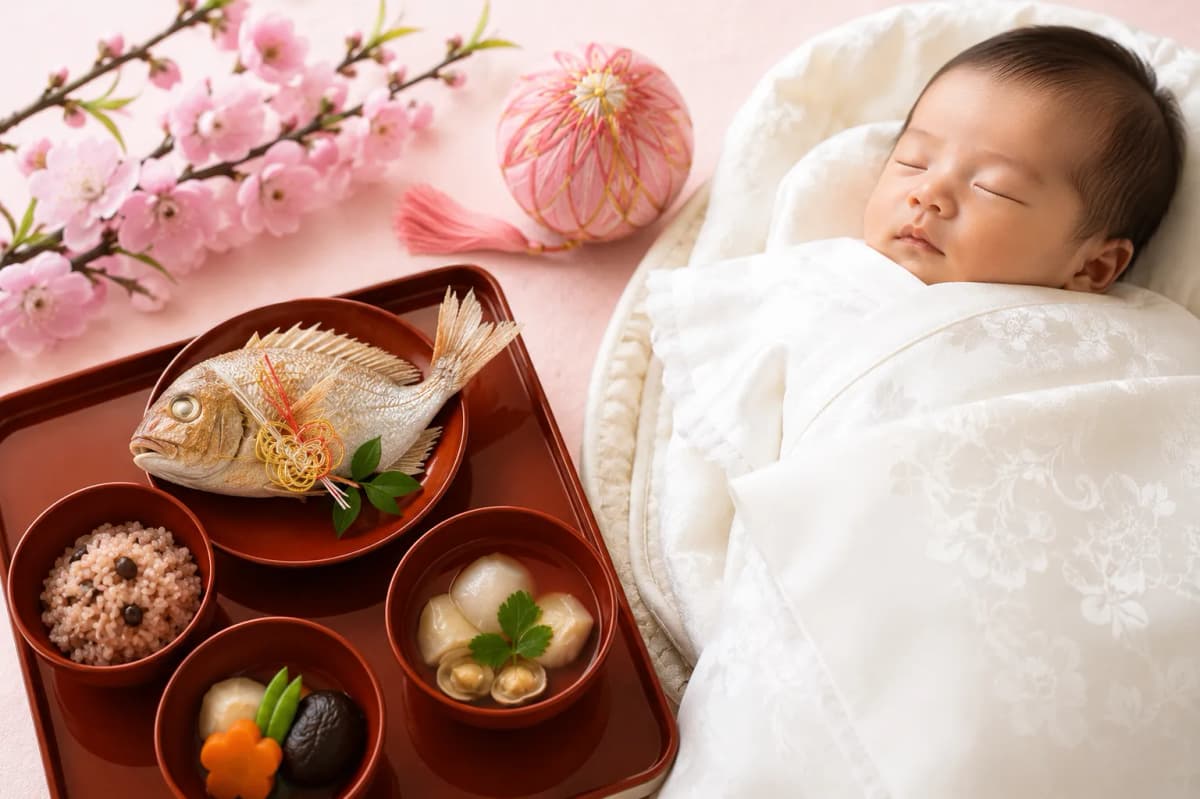 命名書と祝い膳が並ぶお七夜のしつらえ