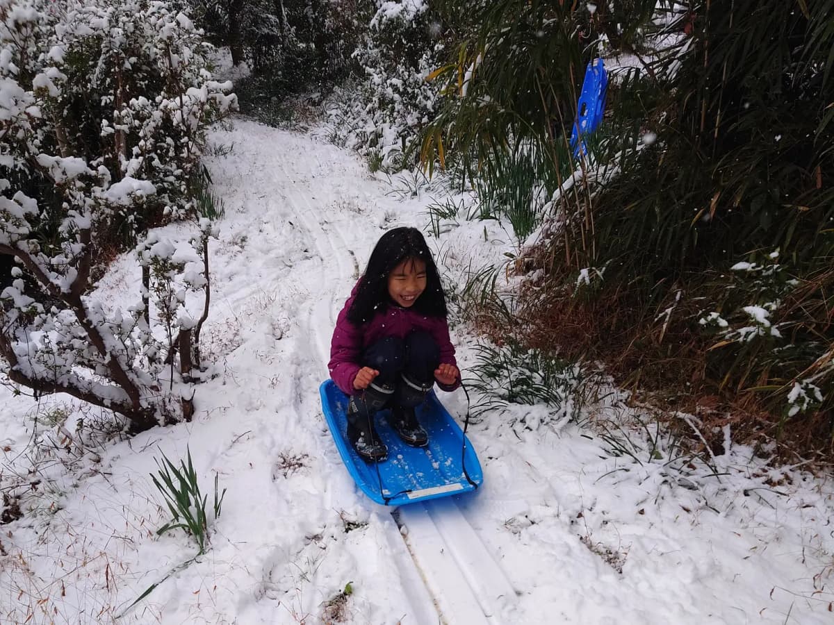 雪の坂道をそりで滑る子ども